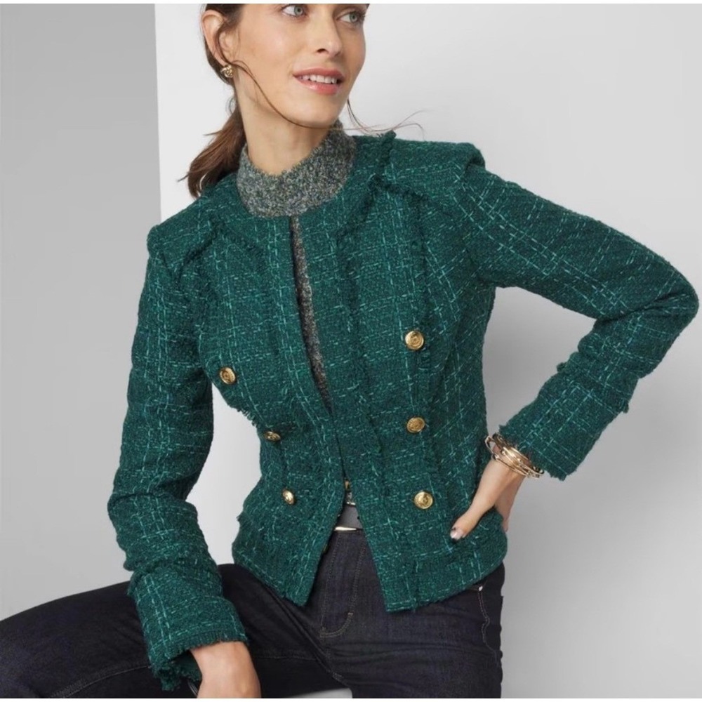 White House Black Market Teal‎ Green Cutaway Tweed Jacket Size 10 Chic Timeless